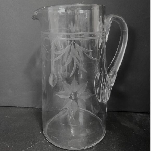 Hand-Blown Clear Crystal Water Pitcher Etched Flowers &‎ Leaves Applied Handle - Picture 1 of 10